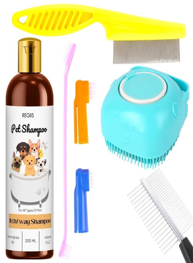 مجموعة ريجيس للعناية بالحيوانات الأليفة مع شامبو، مجموعة من 5 قطع، تتضمن 200 مل من شامبو إيتش أواي، وفرشاة سيليكون، وأمشاط معدنية، وفرش أسنان للكلاب والقطط. - Image 1